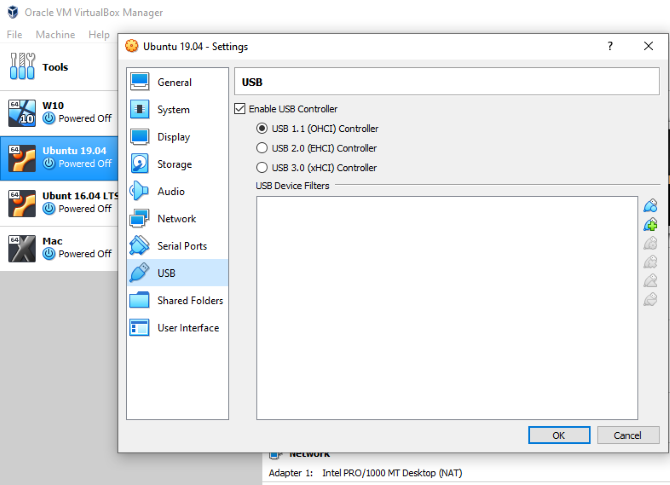 Проверьте поддержку USB в VirtualBox